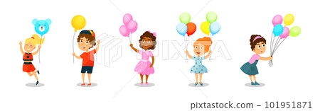 Kid Characters with Party Balloons Having Fun Vector Set Kid Characters with Party Balloons Having Fun Vector Set 101951871