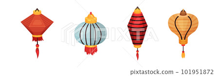 Chinese Lantern Made of Paper or Silk as Festive Luminaria Vector Set Chinese Lantern Made of Paper or Silk as Festive Luminaria Vector Set 101951872