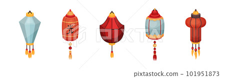 Chinese Lantern Made of Paper or Silk as Festive Luminaria Vector Set Chinese Lantern Made of Paper or Silk as Festive Luminaria Vector Set 101951873