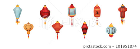 Chinese Lantern Made of Paper or Silk as Festive Luminaria Vector Set Chinese Lantern Made of Paper or Silk as Festive Luminaria Vector Set 101951874