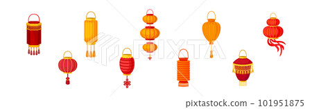 Chinese Lantern Made of Paper or Silk as Festive Luminaria Vector Set Chinese Lantern Made of Paper or Silk as Festive Luminaria Vector Set 101951875