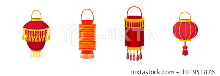 Chinese Lantern Made of Paper or Silk as Festive Luminaria Vector Set Chinese Lantern Made of Paper or Silk as Festive Luminaria Vector Set 101951876