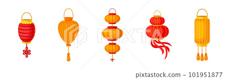 Chinese Lantern Made of Paper or Silk as Festive Luminaria Vector Set 101951877