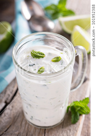 Mint and lime yougurt sauce Mint and lime yougurt sauce 101952388