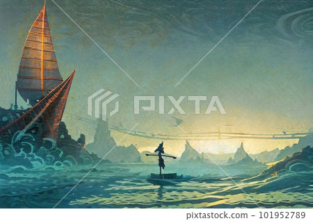 Illustration of Kakashi traveling alone on a boat Generative AI Illustration of Kakashi traveling alone on a boat Generative AI 101952789