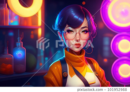 Glasses girl in the laboratory | Researcher | Digital illustration | Generative AI 101952988