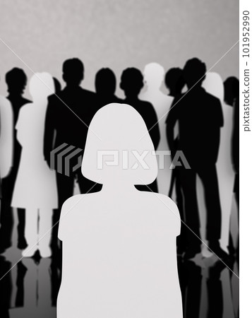 Female silhouette standing in front of the crowd dark 3D illustration vertical Female silhouette standing in front of the crowd dark 3D illustration vertical 101952990