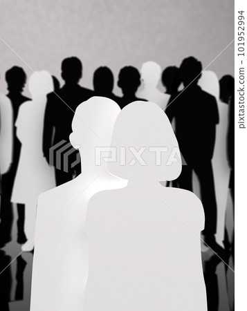 Men and women silhouettes standing in front of the crowd dark 3D illustration vertical Men and women silhouettes standing in front of the crowd dark 3D illustration vertical 101952994
