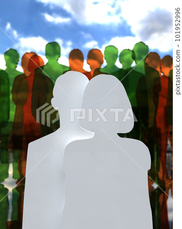 Men and women silhouettes standing in front of the crowd clear 3D illustration vertical Men and women silhouettes standing in front of the crowd clear 3D illustration vertical 101952996