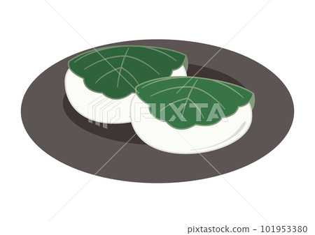 A simple illustration of a plate with two kashiwa mochi 101953380
