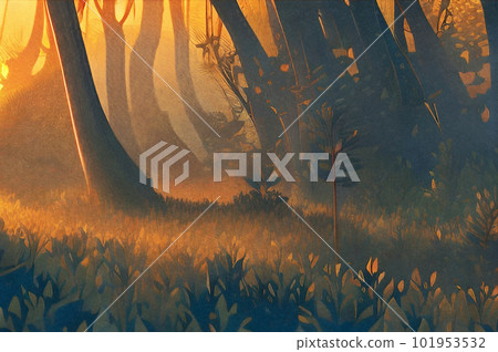 A view of the forest where the setting sun shines (illustration) Generative AI A view of the forest where the setting sun shines (illustration) Generative AI 101953532