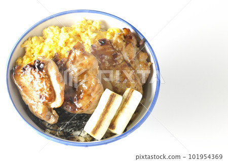 白色背景下滾燙的紅燒雞肉碗的鳥瞰圖,上面放著碎雞蛋、烤蔥和切碎的海藻 白色背景下滾燙的紅燒雞肉碗的鳥瞰圖,上面放著碎雞蛋、烤蔥和切碎的海藻 101954369