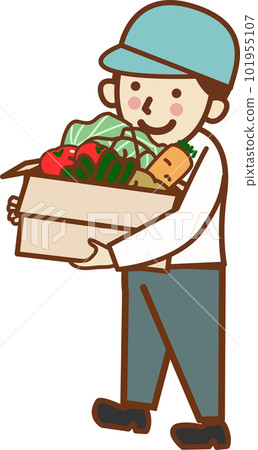 Smiling man in a hat carrying vegetables. 101955107