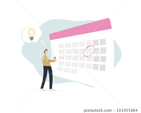 Meet deadlines and breakthrough moments with effective time management. Important dates on calendar with light bulb symbols for inspiration. Man with coffee cup representing ideas and decision-making 101955864