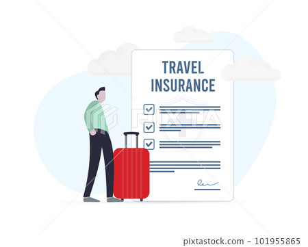 Secure travel with insurance. Protection for life and property during travel. Man with luggage suitcase and travel insurance document in the background. Ensure peace of mind on your journey 101955865