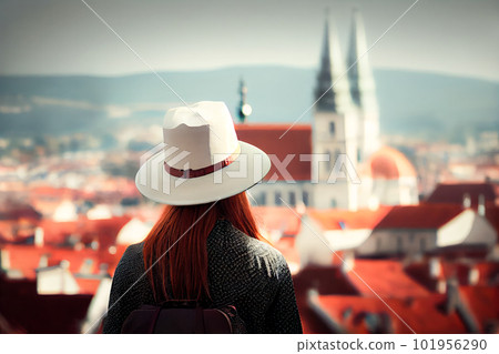 girl in a white hat admires Zagreb. Generative AI, Generative, AI girl in a white hat admires Zagreb. Generative AI, Generative, AI 101956290
