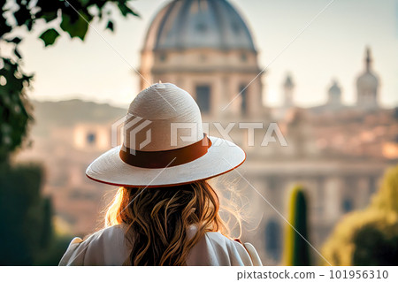 Girl in a white hat admires Rome Italy. Generative AI, Generative, AI 101956310