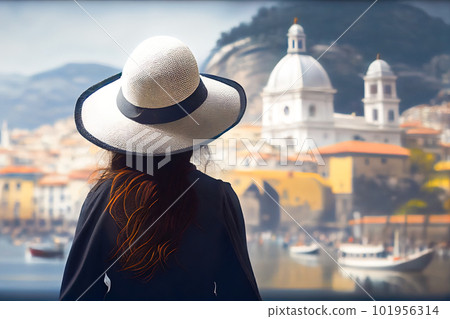 girl in a white hat admires Rio de Janeiro. Generative AI, Generative, AI girl in a white hat admires Rio de Janeiro. Generative AI, Generative, AI 101956314