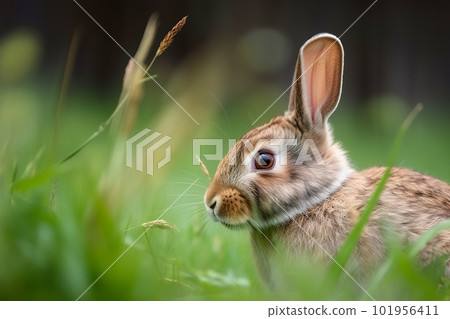 Rabbit in the grass looking at the camera with a blurred background. Generative AI 101956411