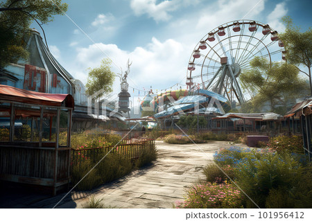 abandoned roller coaster amusement park. Generative AI 101956412