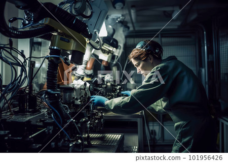 Engineer working with robot arm in factory. Smart industry 4.0 concept. Generative AI Engineer working with robot arm in factory. Smart industry 4.0 concept. Generative AI 101956426