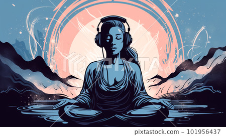 Young woman sitting in lotus pose and listening to music with headphones. Generative AI 101956437