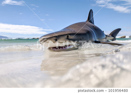 Great White Shark (Carcharodon carcharias) at the beach. Generative AI Great White Shark (Carcharodon carcharias) at the beach. Generative AI 101956480
