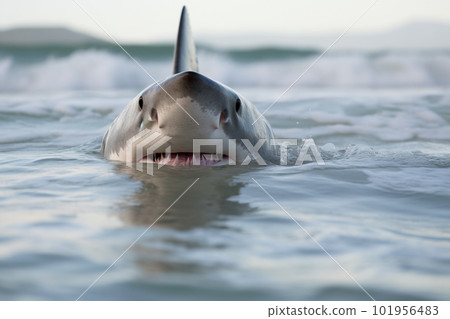 Great White Shark (Carcharodon carcharias) at the beach. Generative AI 101956483