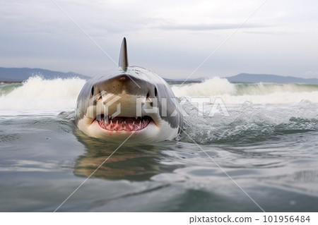 Great White Shark (Carcharodon carcharias) at the beach. Generative AI 101956484