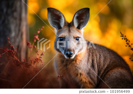 Kangaroo looking at camera in orange wildflowers, Australia. Generative AI Kangaroo looking at camera in orange wildflowers, Australia. Generative AI 101956499