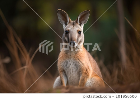 Kangaroo looking at camera in orange wildflowers, Australia. Generative AI Kangaroo looking at camera in orange wildflowers, Australia. Generative AI 101956500