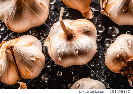 garlic on black background with water drops. Generative AI garlic on black background with water drops. Generative AI 101956527