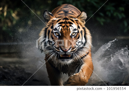 Portrait of a beautiful tiger on a black background with smoke. Generative AI 101956554