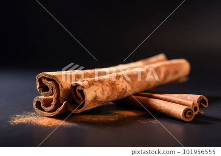 Cinnamon sticks on a white acrylic background. Selective focus. Generative AI 101956555