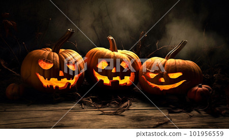 Halloween pumpkins on old wooden background with copy space. Generative AI 101956559
