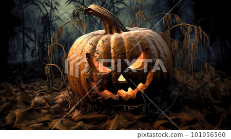 Halloween pumpkins on old wooden background with copy space. Generative AI Halloween pumpkins on old wooden background with copy space. Generative AI 101956560