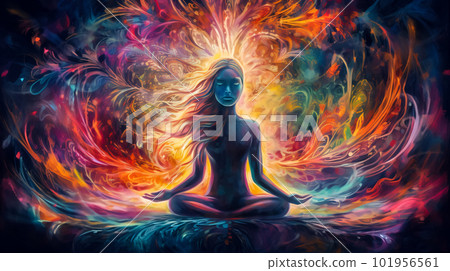 Beautiful woman sitting in lotus pose and meditating in colorful background. Generative AI Beautiful woman sitting in lotus pose and meditating in colorful background. Generative AI 101956561