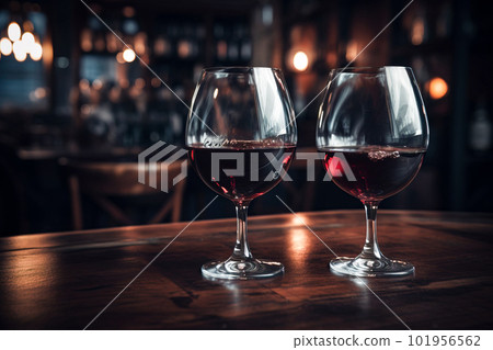 Two glasses of red wine on a wooden table in a bar. Generative AI Two glasses of red wine on a wooden table in a bar. Generative AI 101956562