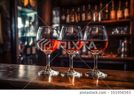 Two glasses of red wine on a wooden table in a bar. Generative AI 101956563