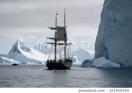 Antarctic ship with icebergs and mountains in the background. Generative AI Antarctic ship with icebergs and mountains in the background. Generative AI 101956569