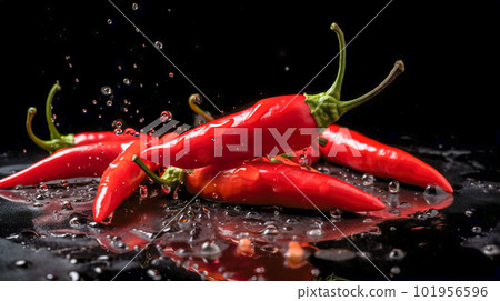 Red hot chili peppers with splashes of water on a black background. Generative AI 101956596
