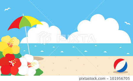 An illustration of a midsummer beach with hibiscus, sea, and thunderheads, aspect ratio 16:9 101956705