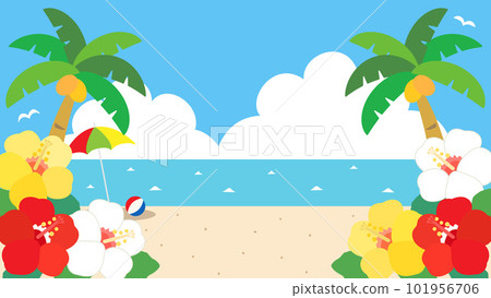 An illustration of a midsummer beach with hibiscus, sea, and thunderheads, aspect ratio 16:9 An illustration of a midsummer beach with hibiscus, sea, and thunderheads, aspect ratio 16:9 101956706