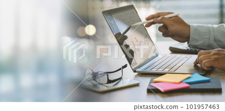 Business data dashboard analysis by a man using computer graphs on a virtual screen Business strategy Business data dashboard analysis by a man using computer graphs on a virtual screen Business strategy 101957463