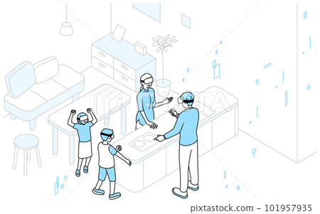 An image of DX, a family visiting a housing exhibition hall and model room with VR 101957935