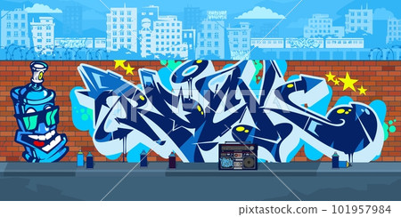 Outdoor Urban Streetart Graffiti Wall With Drawings Against The Background Of The Cityscape Vector Illustration Outdoor Urban Streetart Graffiti Wall With Drawings Against The Background Of The Cityscape Vector Illustration 101957984