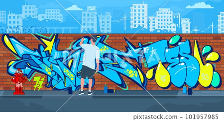 Colorful Outdoor Urban Streetart Graffiti Wall With Drawings Against The Background Of The Cityscape Vector Illustration Colorful Outdoor Urban Streetart Graffiti Wall With Drawings Against The Background Of The Cityscape Vector Illustration 101957985