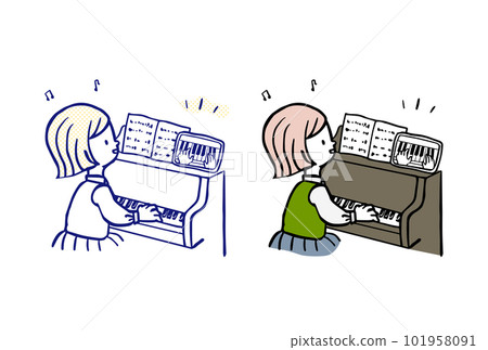 Girl taking piano lessons on a tablet Girl taking piano lessons on a tablet 101958091