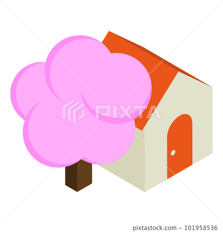 Isometric projection red roof house and fluffy cherry tree 101958536