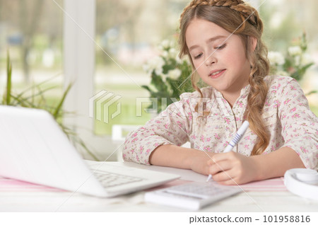 cute little girl using laptop at home 101958816